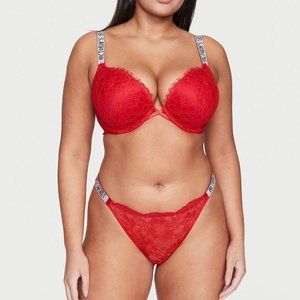 new victoria's secret lipstick red bombshell lace bra + panty set shine strap 36